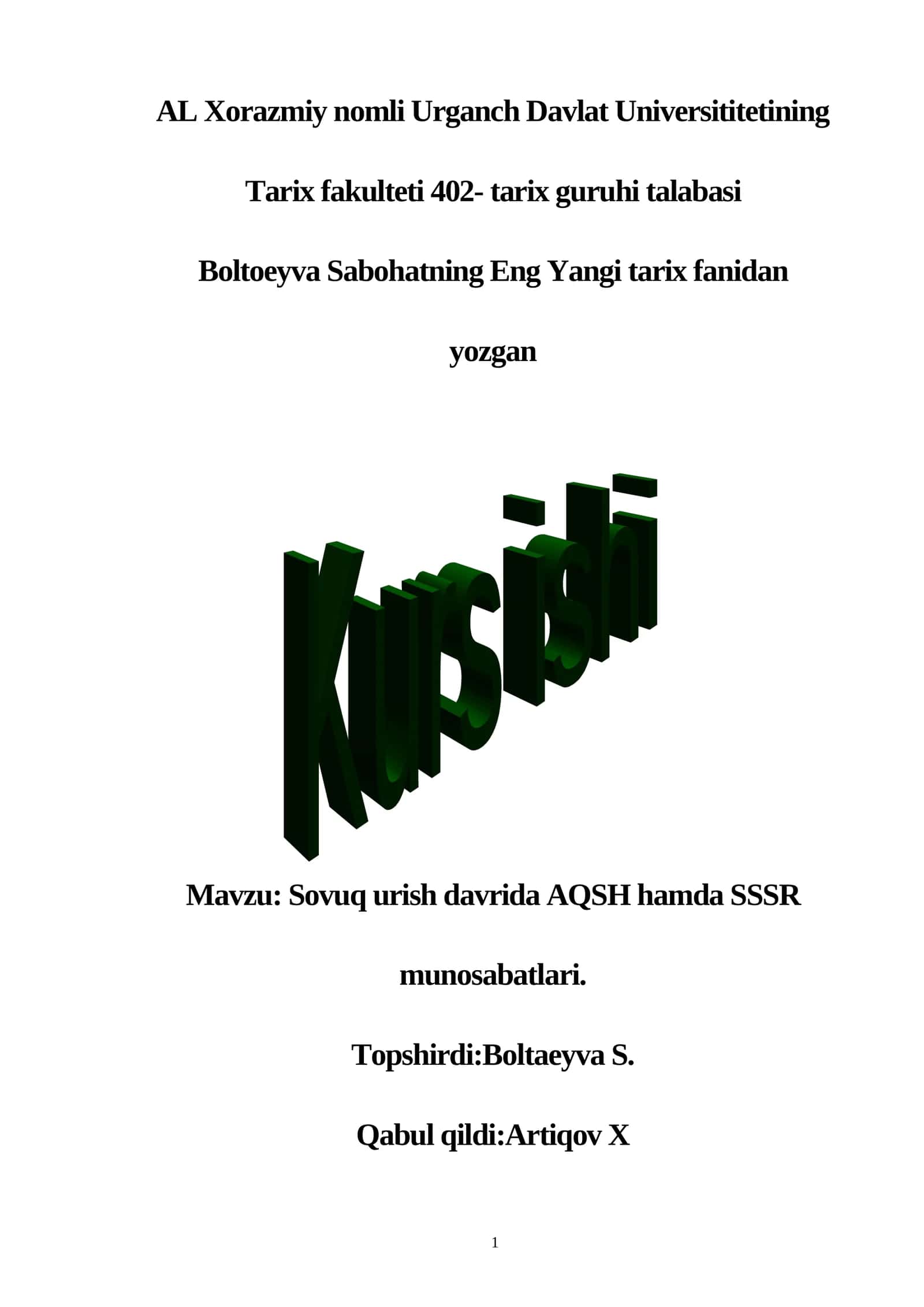 SOVUQ URUSH DAVRIDA AQSH hamda SSSR munosabatlari