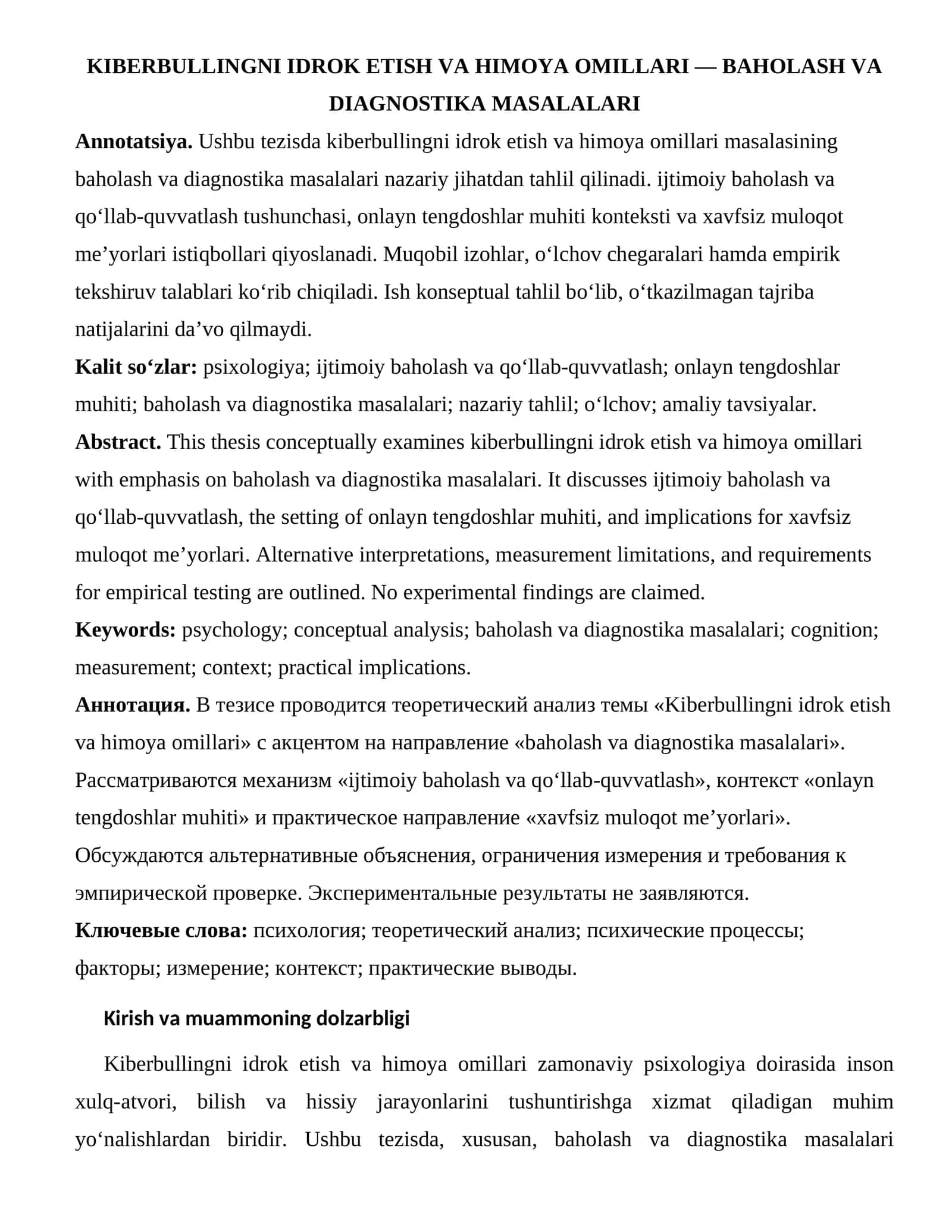 KIBERBULLINGNI IDROK ETISH VA HIMOYA OMILLARI — BAHOLASH VA DIAGNOSTIKA MASALALARI