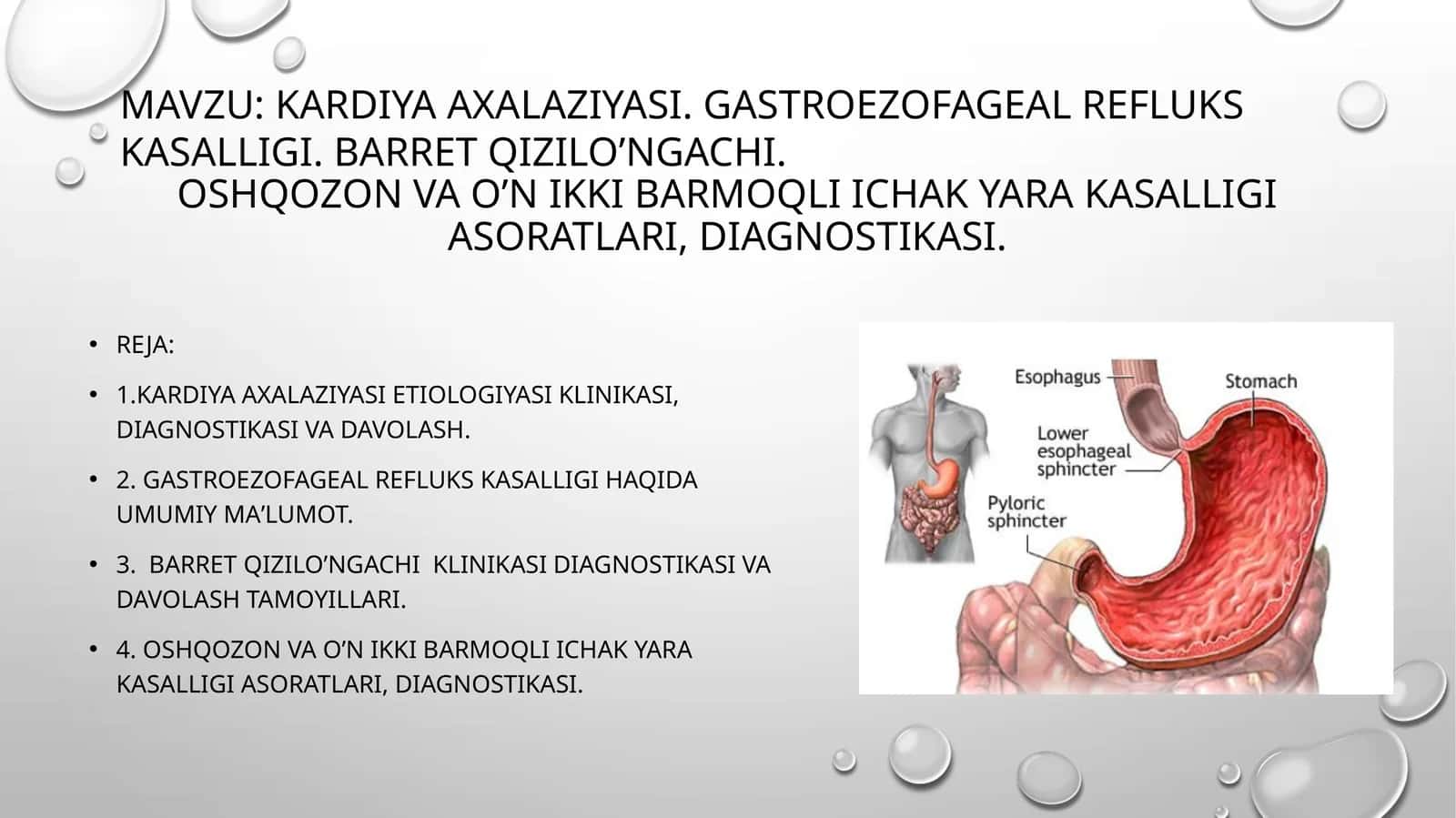Kardiya axalaziyasi.Gastroezofageal refluks kasalligi.Barret qizilo’ngachi. Oshqozon va o’n ikki barmoqli ichak yara kasalligi asoratlari, diagnostikasi