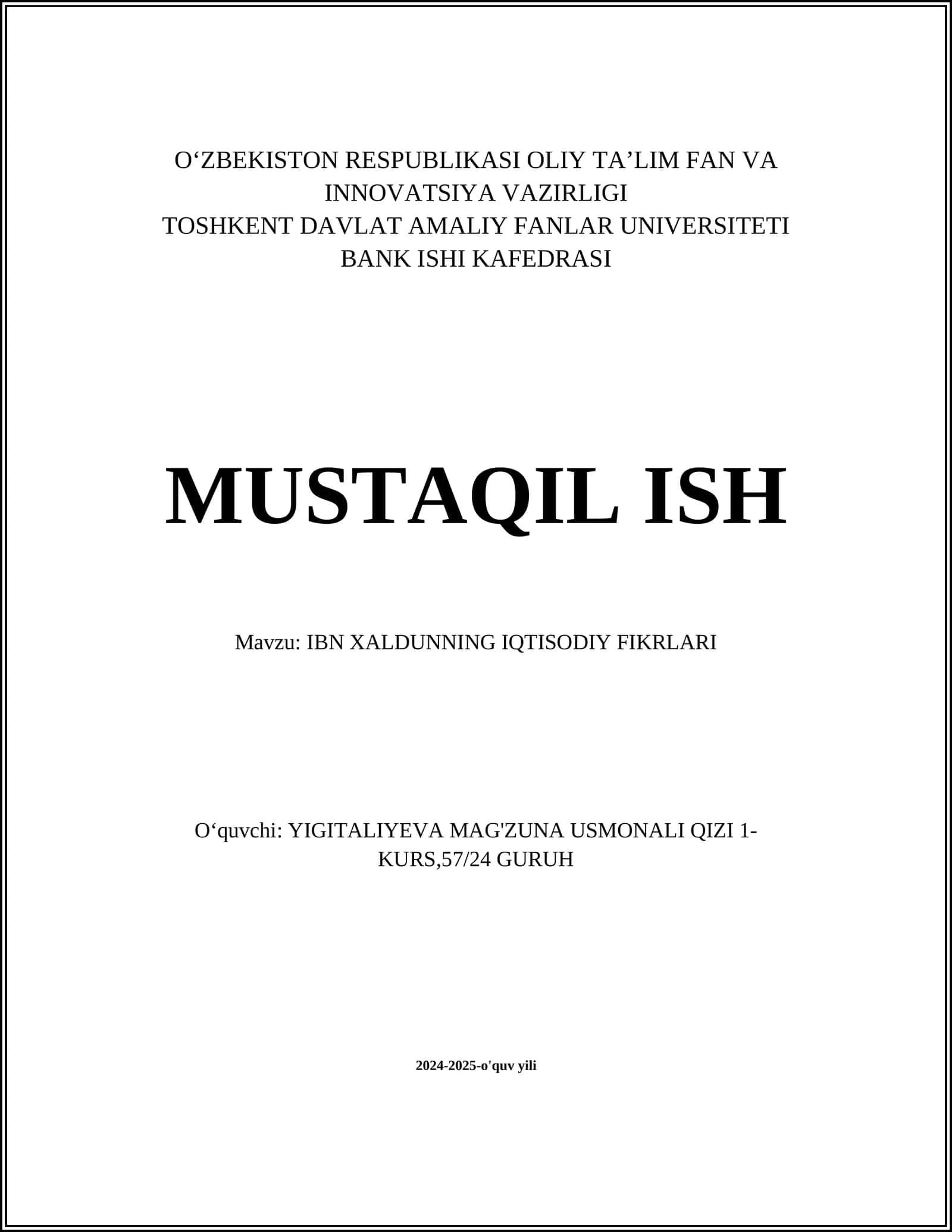 IBN XALDUNNING IQTISODIY FIKRLARI