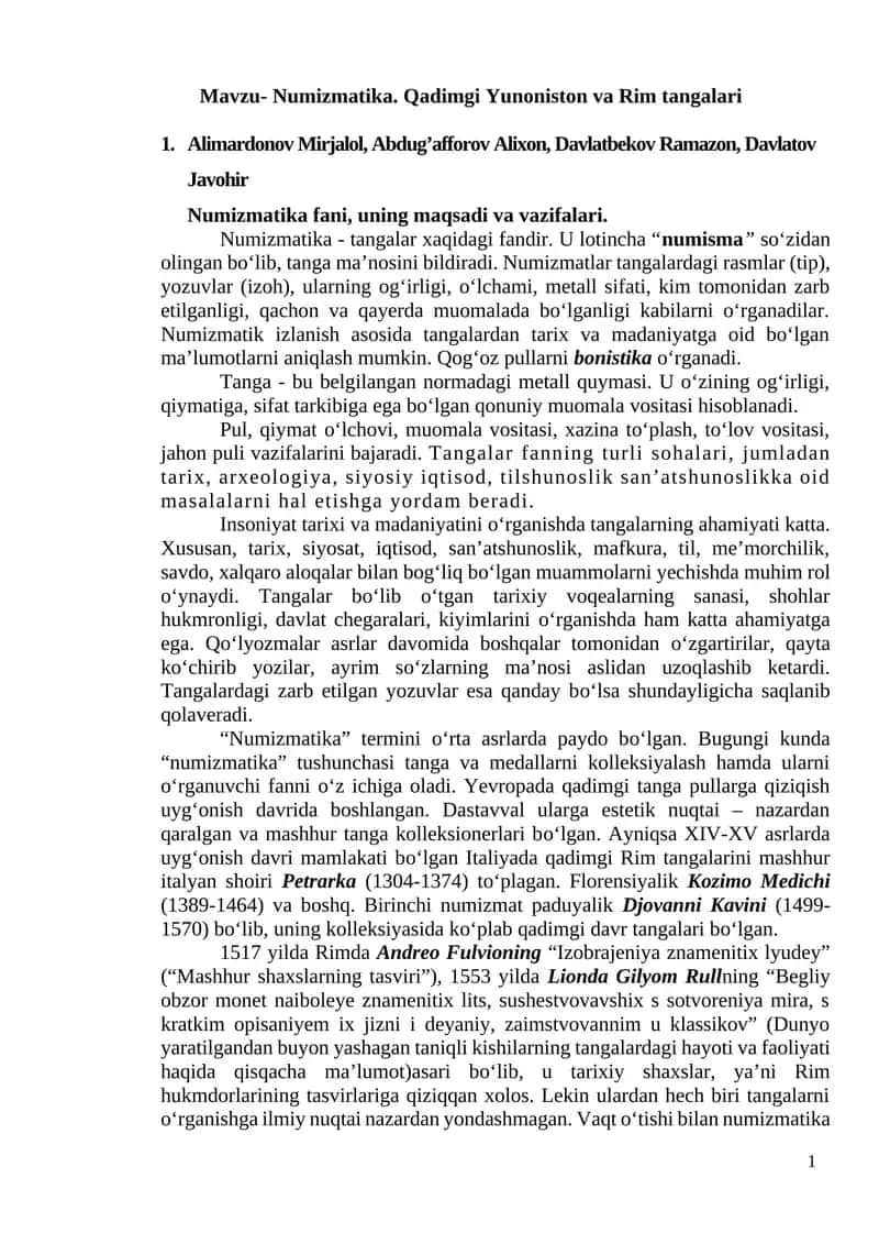 Numizmatika. Qadimgi Yunoniston va Rim tangalari