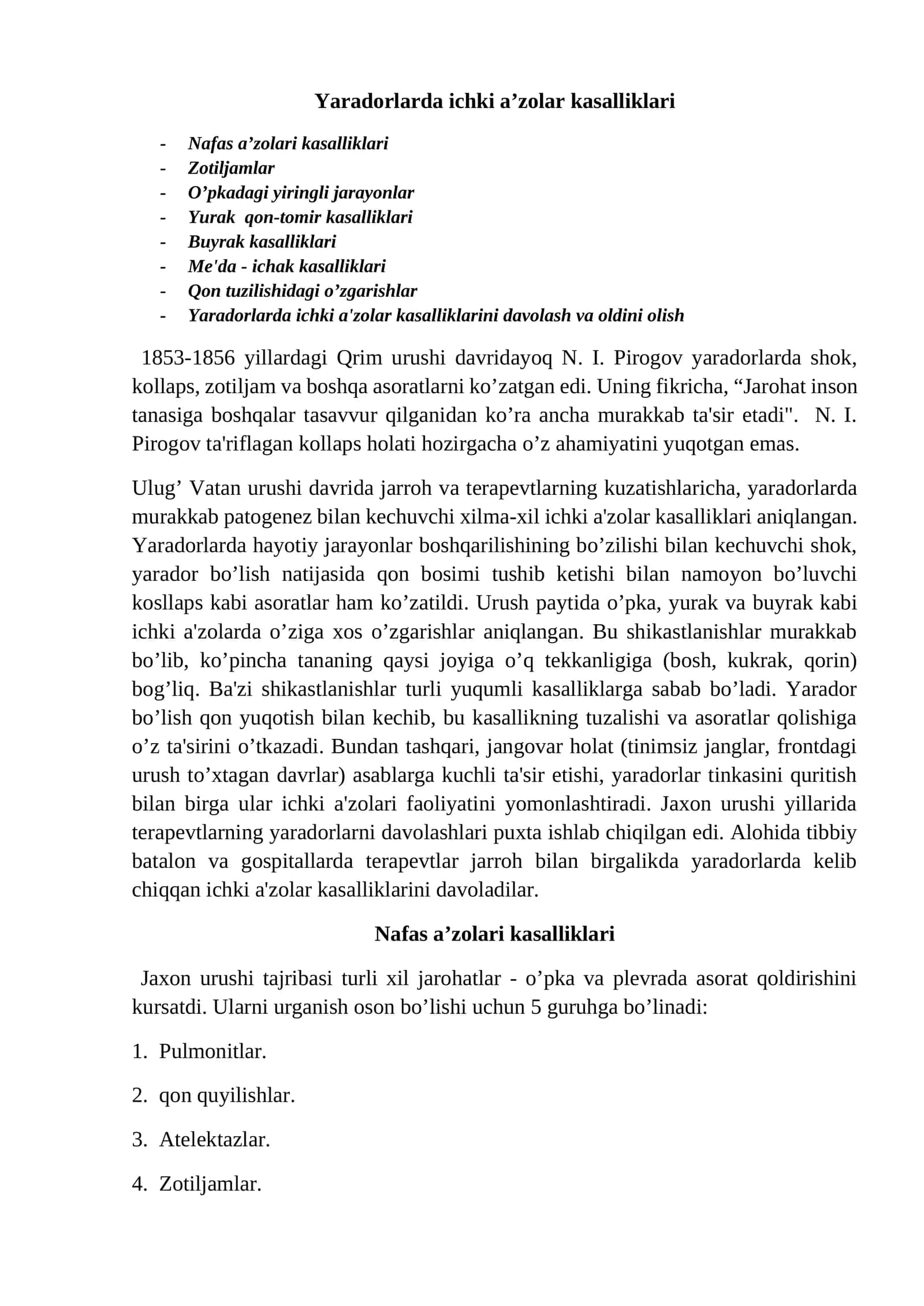 Yaradorlarda ichki a'zolar kasalliklari