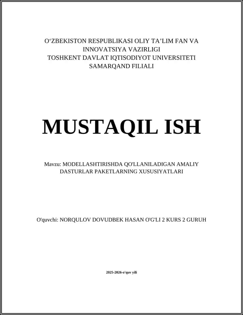Modellashtirishda Qo'llaniladigan Amaliy Dasturlar Paketlarning Xususiyatlari