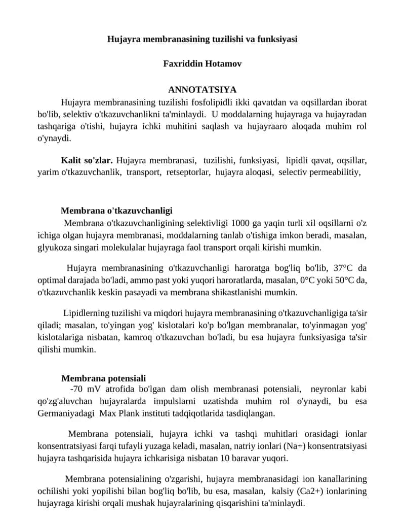 Hujayra membranasining tuzilishi va funksiyasi