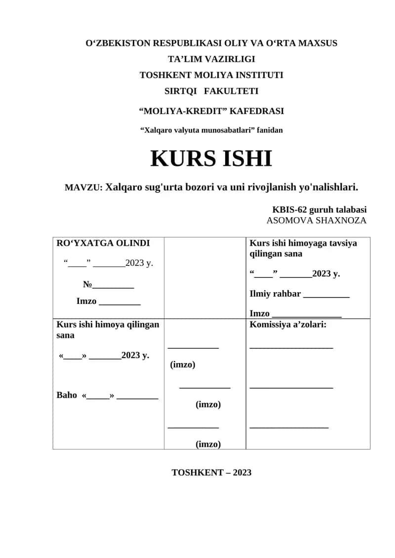 Xalqaro sug'urta bozori va uni rivojlanish yo'nalishlari