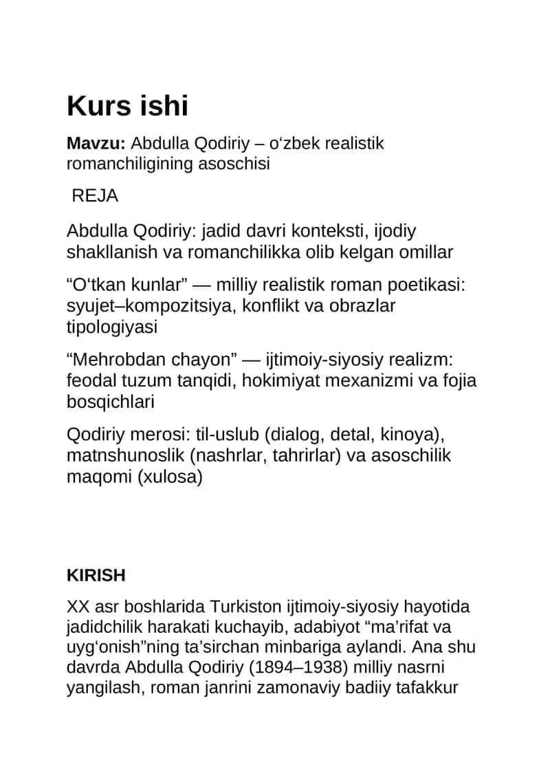 Abdulla Qodiriy – o‘zbek realistik romanchiligining asoschisi