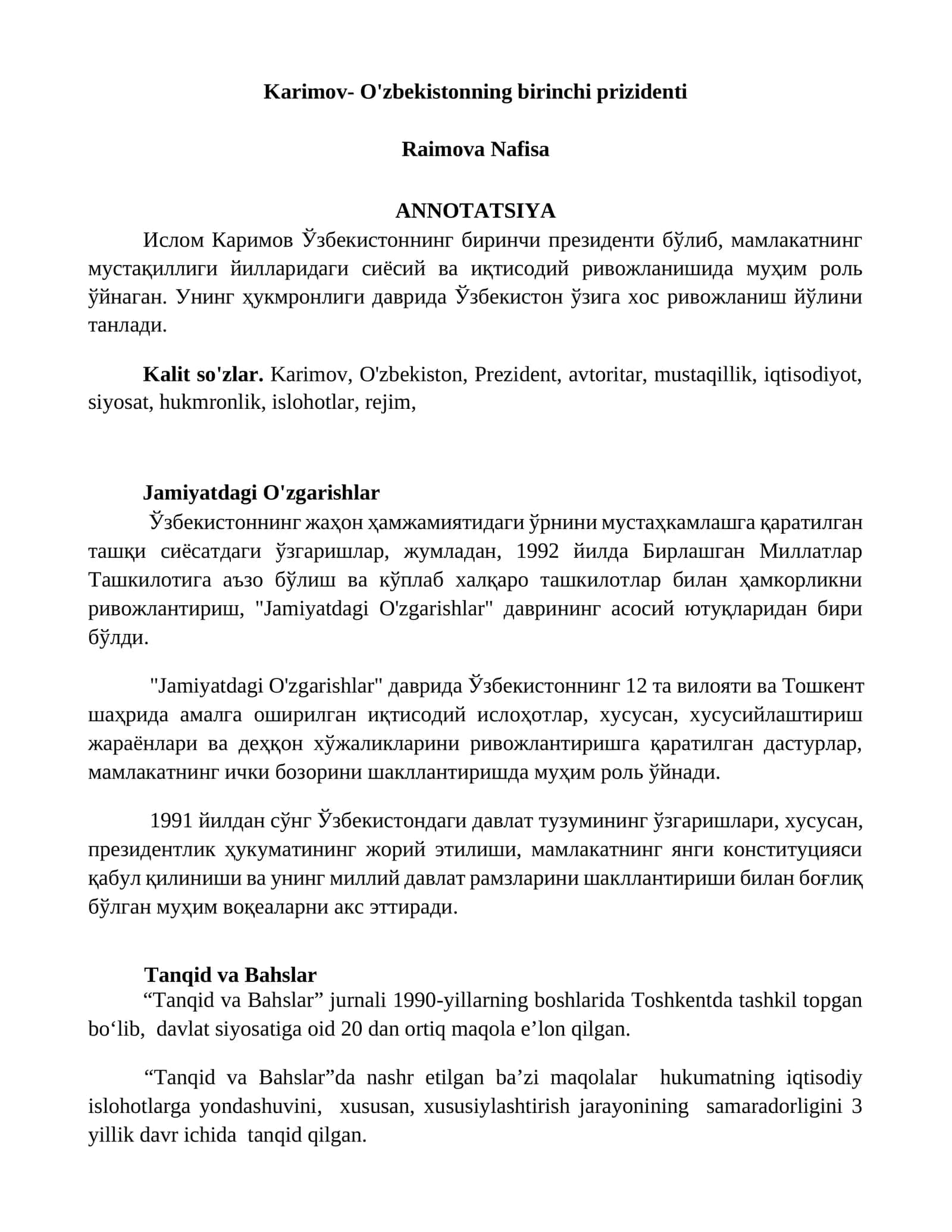 Ислом Каримов Ўзбекистоннинг биринчи президенти