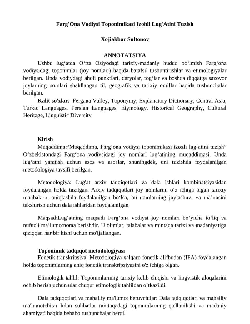 Farg'Ona Vodiysi Toponimikasi Izohli Lug'Atini Tuzish