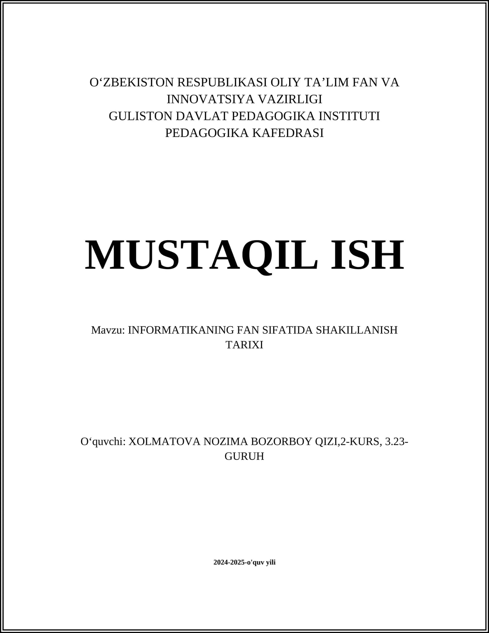 INFORMATIKANING FAN SIFATIDA SHAKILLANISH TARIXI