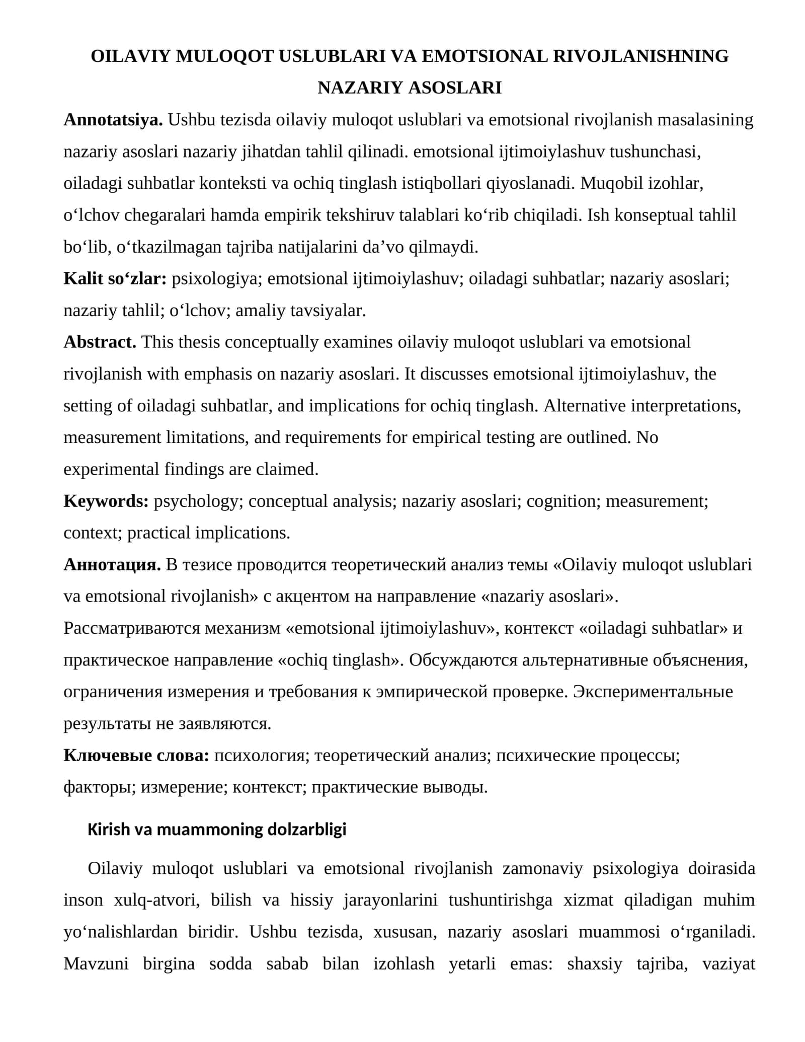 OILAVIY MULOQOT USLUBLARI VA EMOTSIONAL RIVOJLANISHNING NAZARIY ASOSLARI