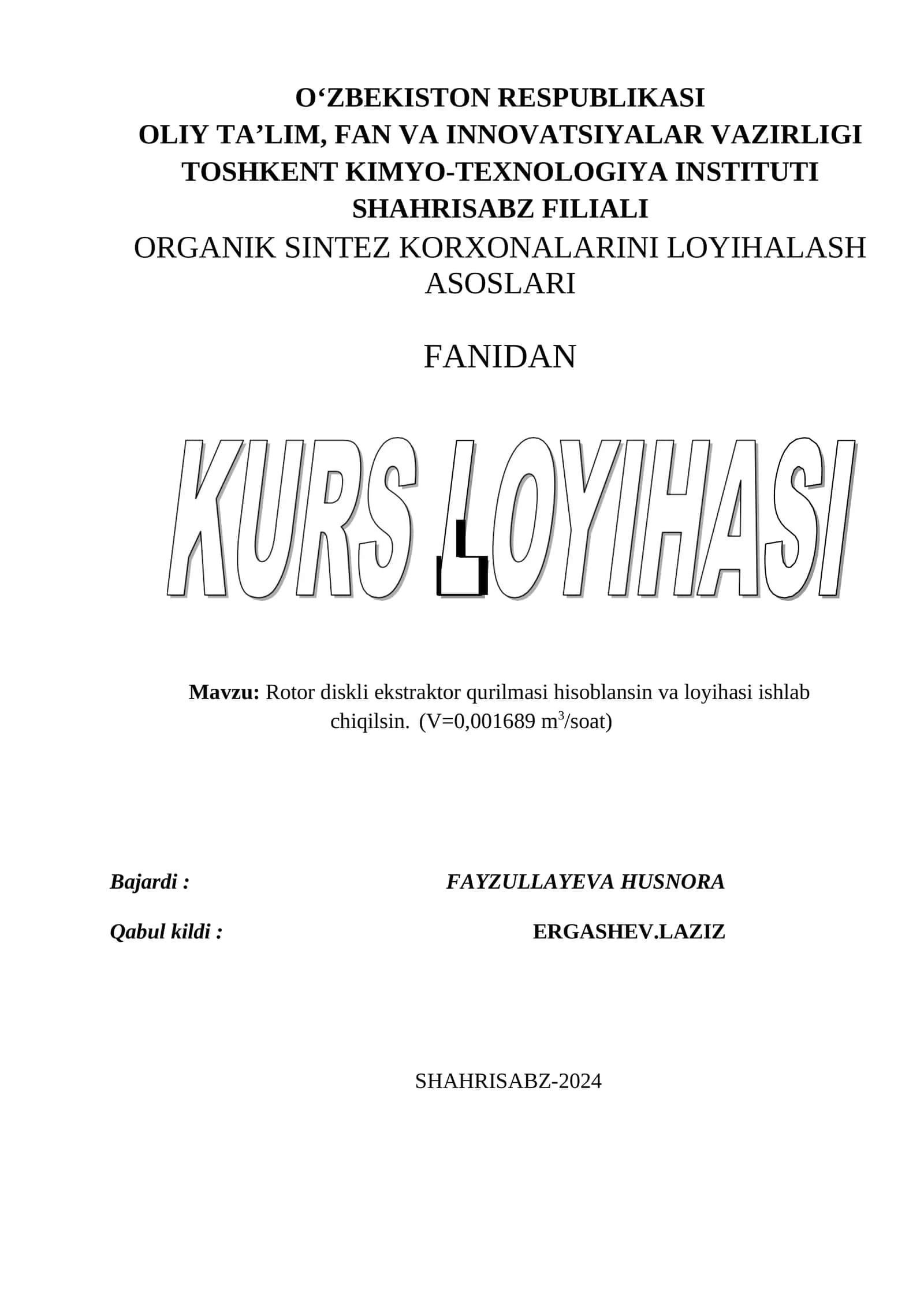 Organik sintez korxonalari loyihalash asoslari