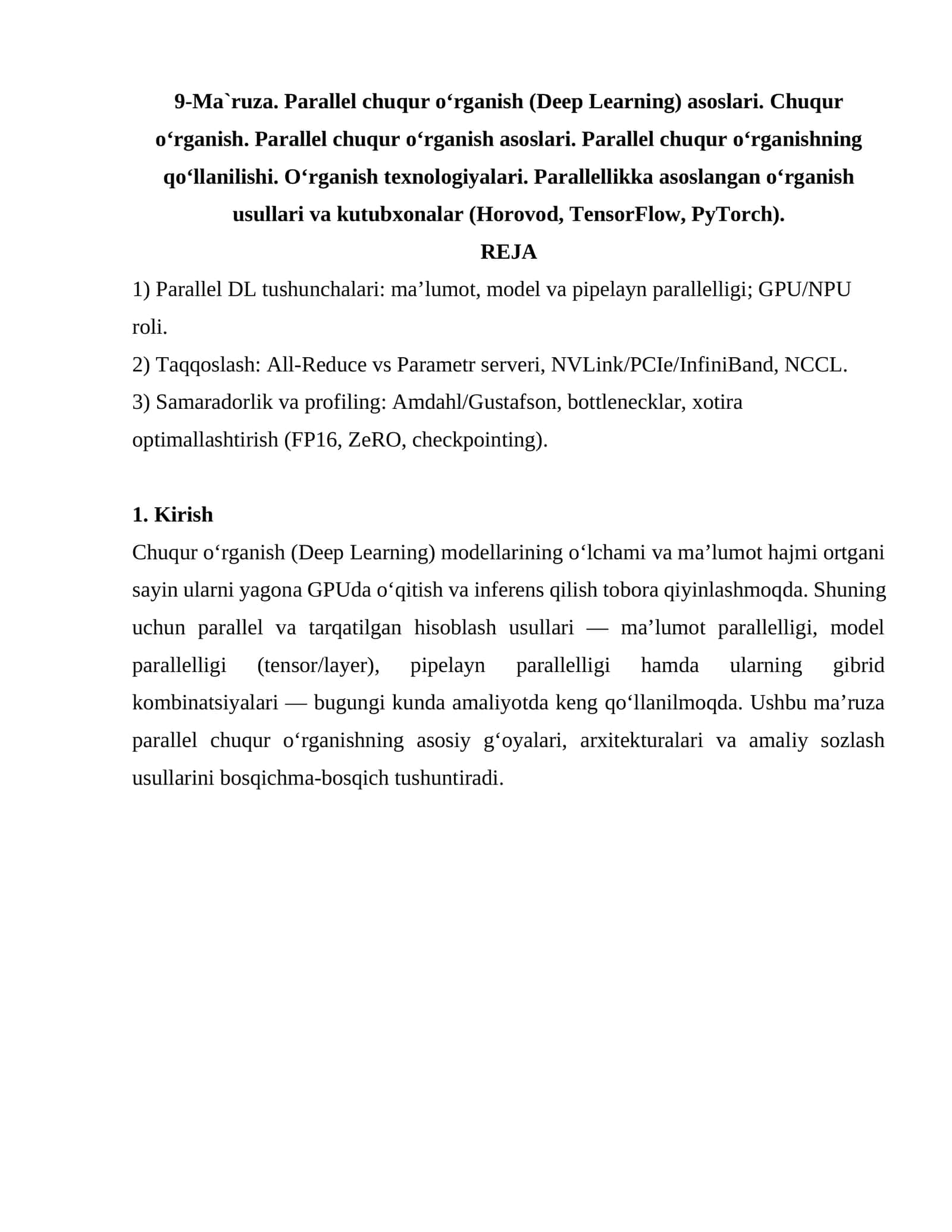 Parallel chuqur o‘rganish (Deep Learning) asoslari