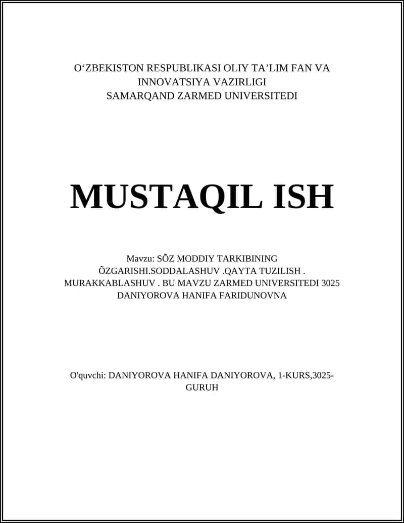 SÕZ MODDIY TARKIBINING ÕZGARISHI.SODDALASHUV.QAYTA TUZILISH