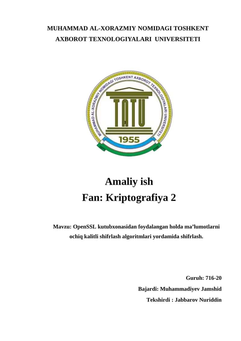 OpenSSL kutubxonasidan foydalangan holda ma’lumotlarni ochiq kalitli shifrlash algoritmlari
