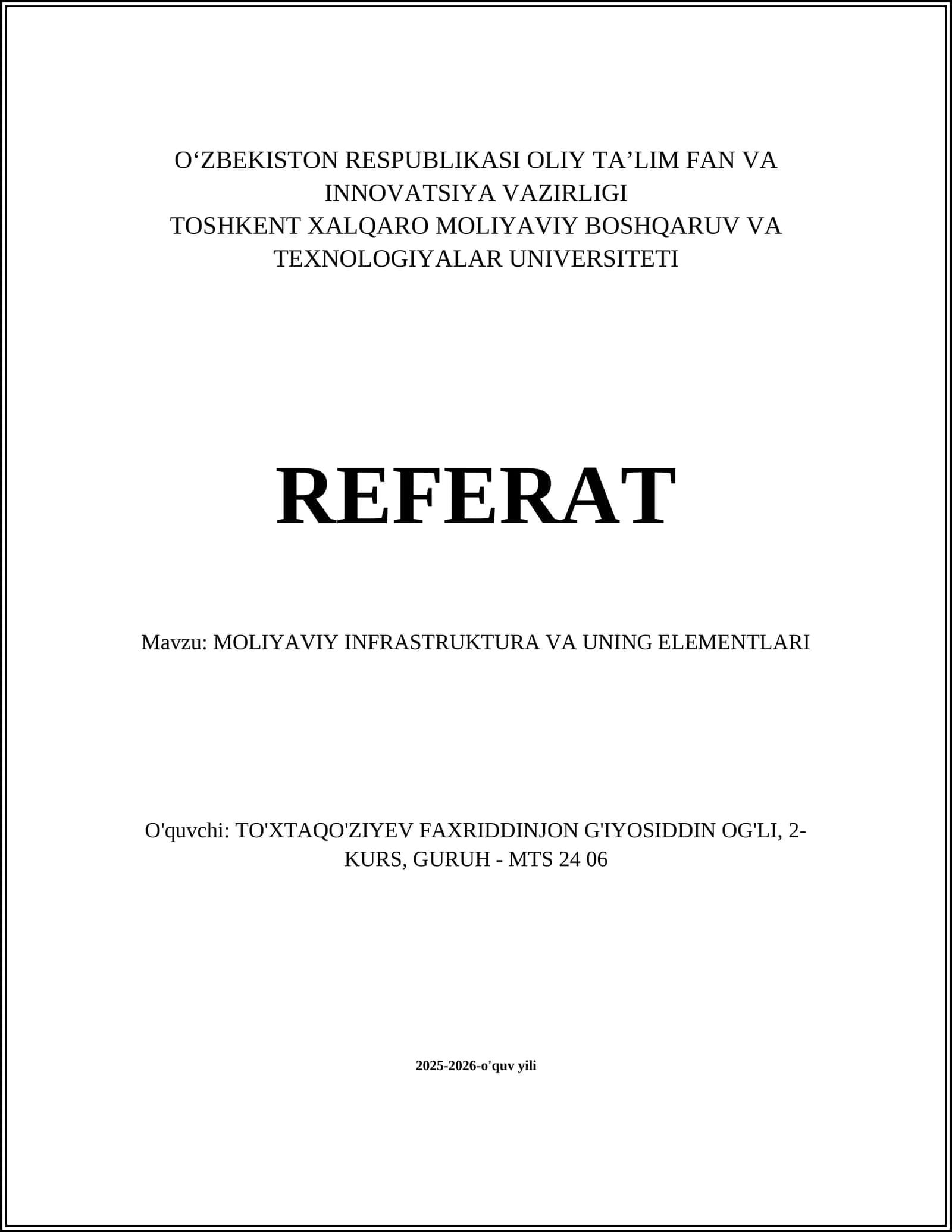 Moliyaviy Infrastruktura va uning elementlari
