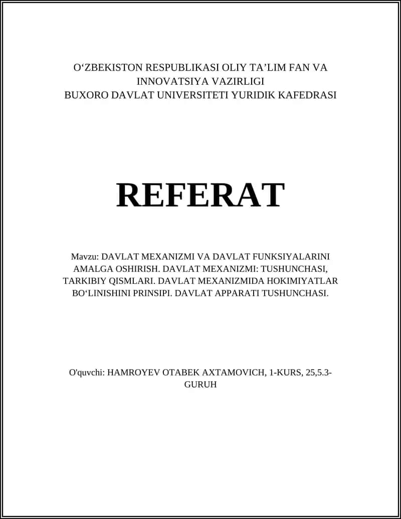 DAVLAT MEXANIZMI VA DAVLAT FUNKSIYALARINI AMALGA OSHIRISH