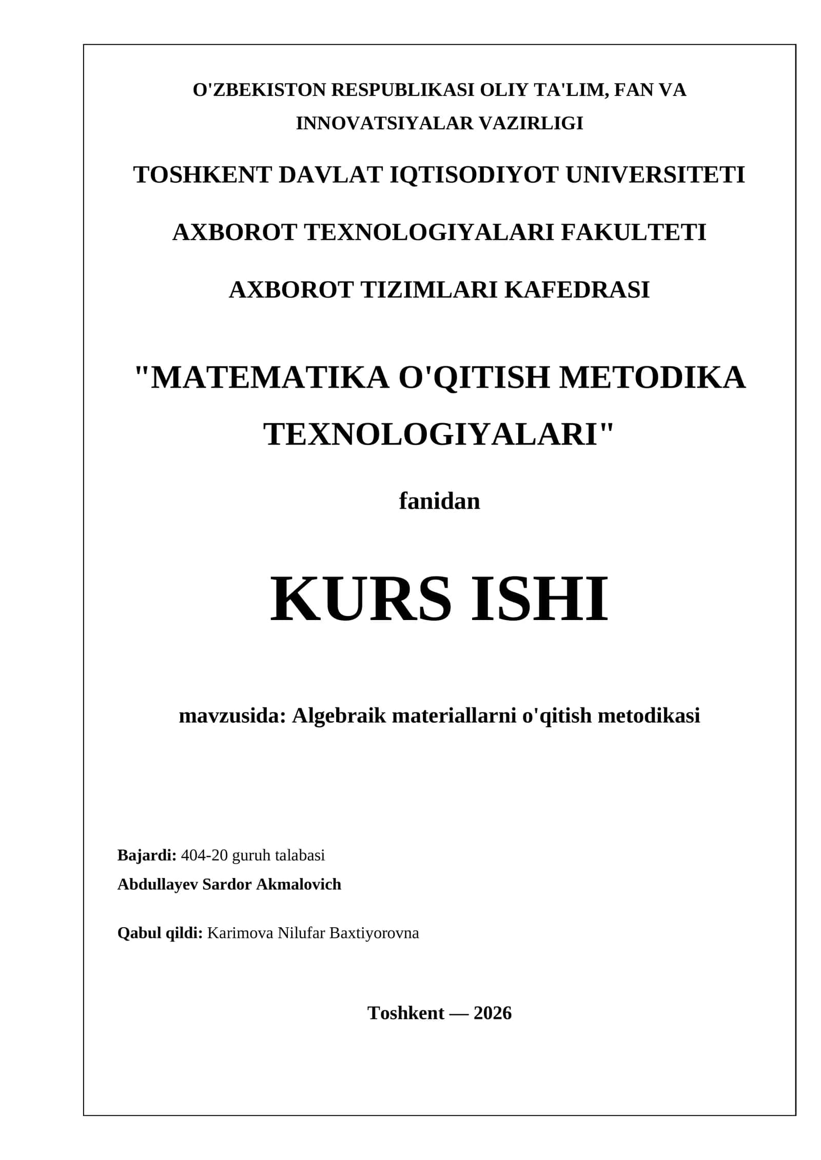 MATEMATIKA O'QITISH METODIKA TEXNOLOGIYALARI