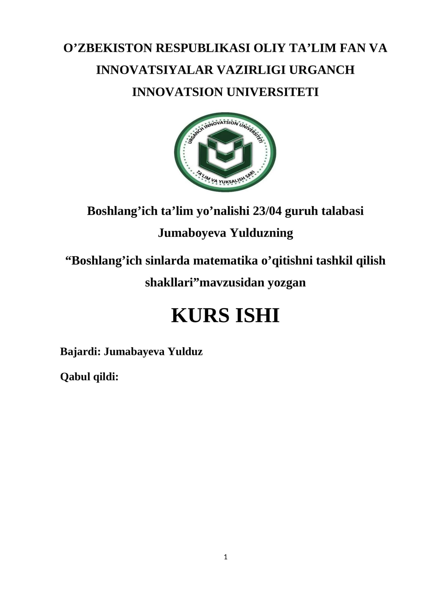 Boshlang’ich sinlarda matematika o’qitishni tashkil qilish shakllari