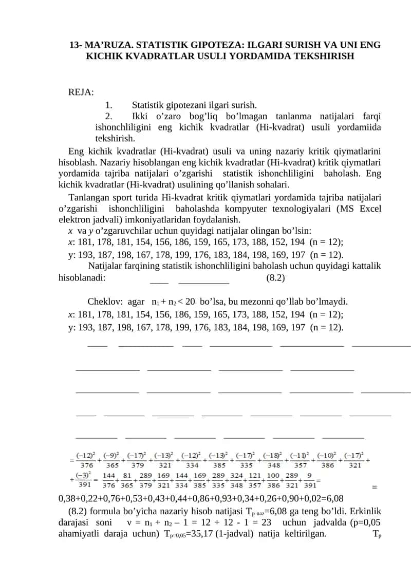 STATISTIK GIPOTEZA: ILGARI SURISH VA UNI ENG KICHIK KVADRATLAR USULI YORDAMIDA TEKSHIRISH