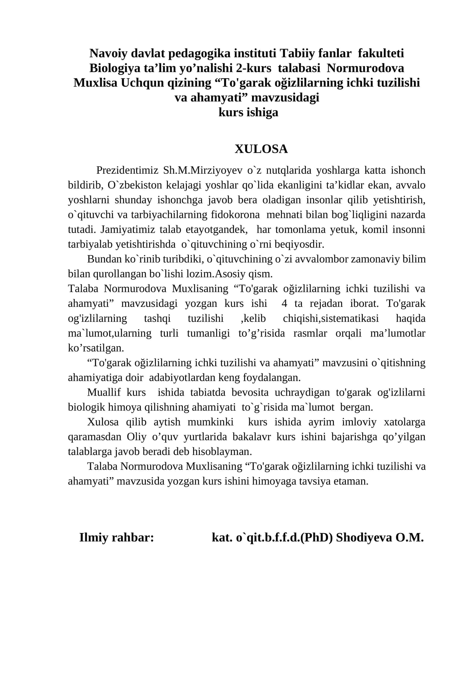 To'garak oğizlilarning ichki tuzilishi va ahamyati