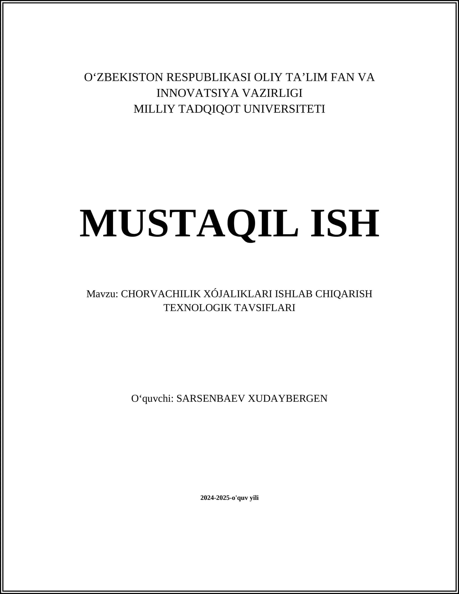 CHORVACHILIK XÓJALIKLARI ISHLAB CHIQARISH TEXNOLOGIK TAVSIFLARI