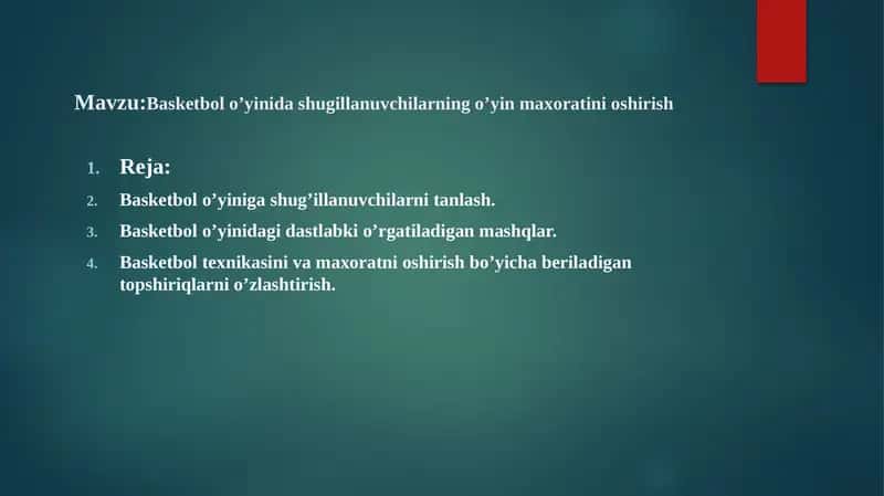 Basketbol o’yinida shugillanuvchilarning o’yin maxoratini oshirish