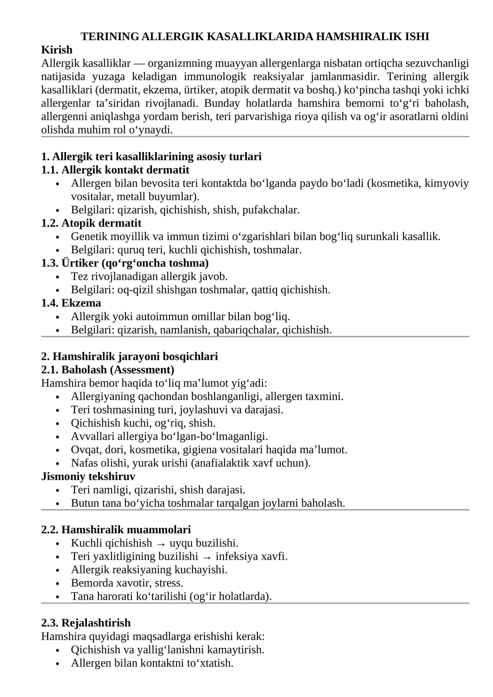 Allergik kasalliklarida hamshiralik ishi