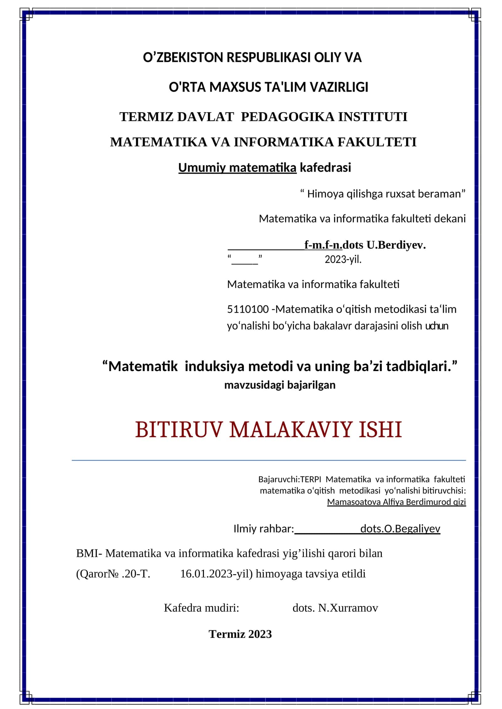 Matematik induksiya metodi va uning ba’zi tadbiqlari