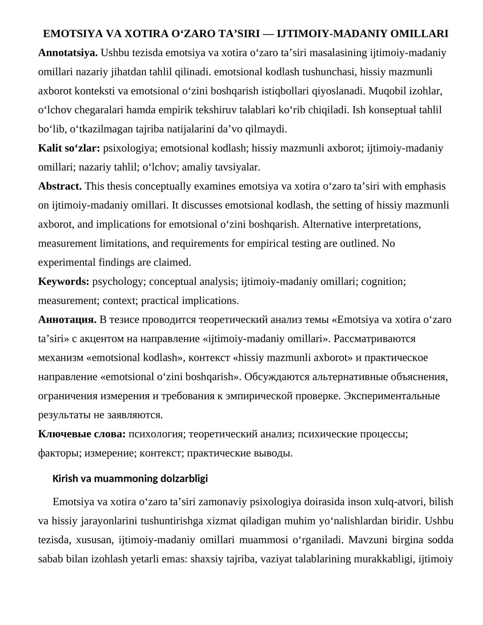 EMOTSIYA VA XOTIRA O‘ZARO TA’SIRI — IJTIMOIY-MADANIY OMILLARI