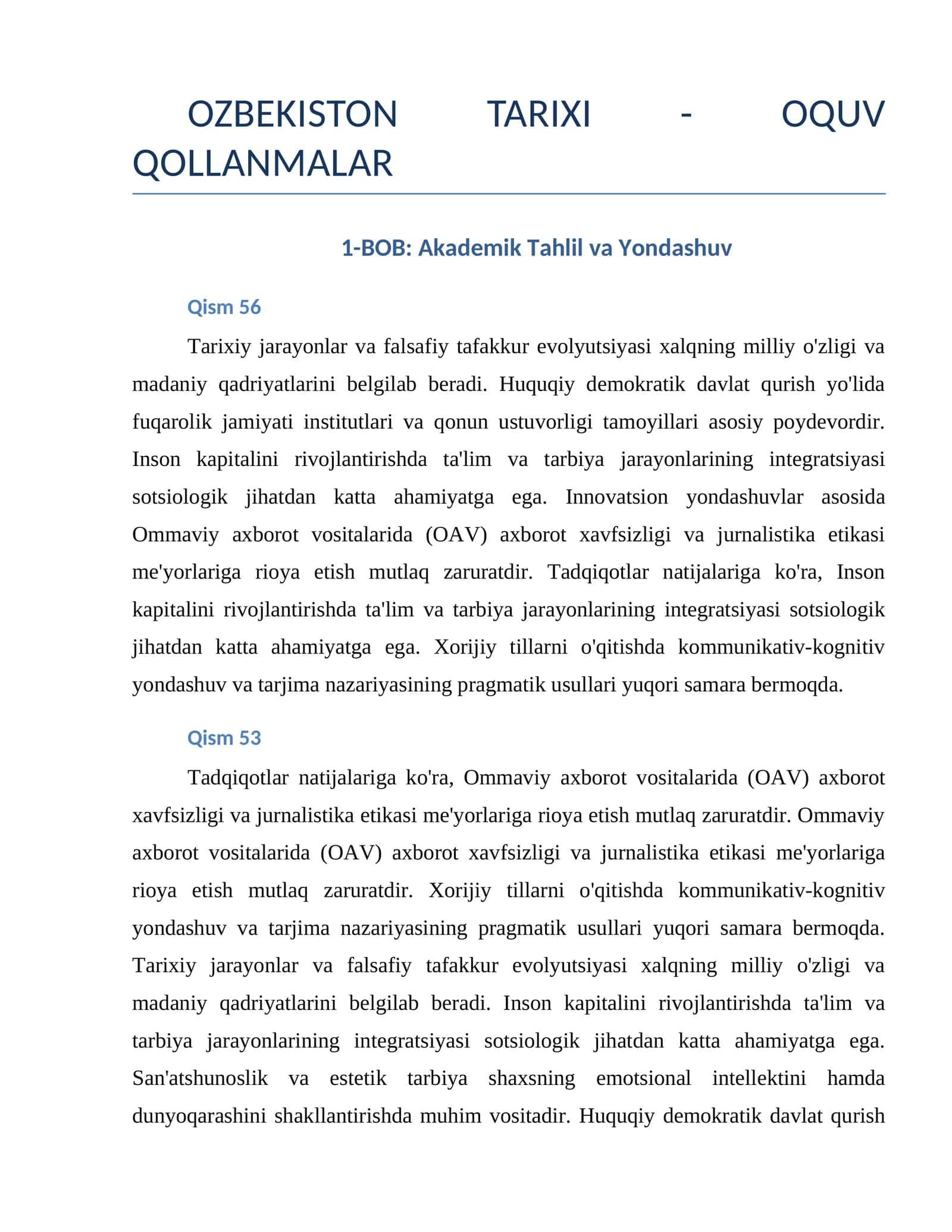 OZBEKISTON TARIXI - OQUV QOLLANMALAR