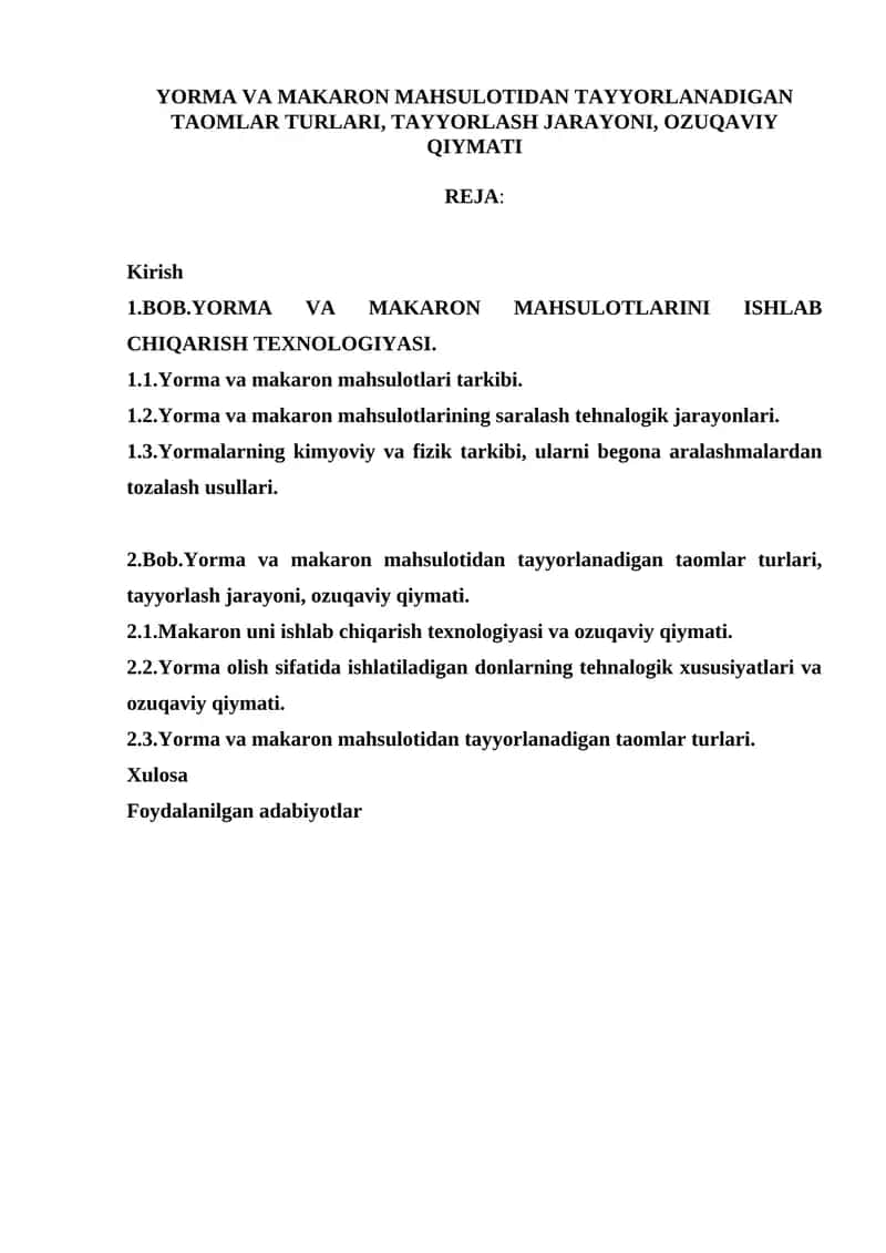 Yorma va Makaron Taomlarini Tayyorlash