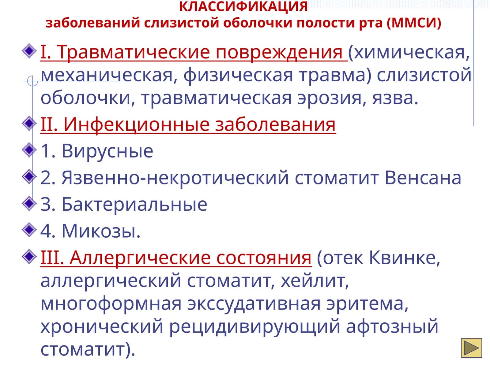 Классификация заболеваний слизистой оболочки полости рта (ММСИ)