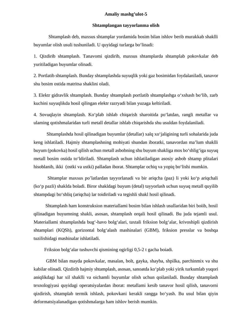 Shtamplangan tayyorlanma olish