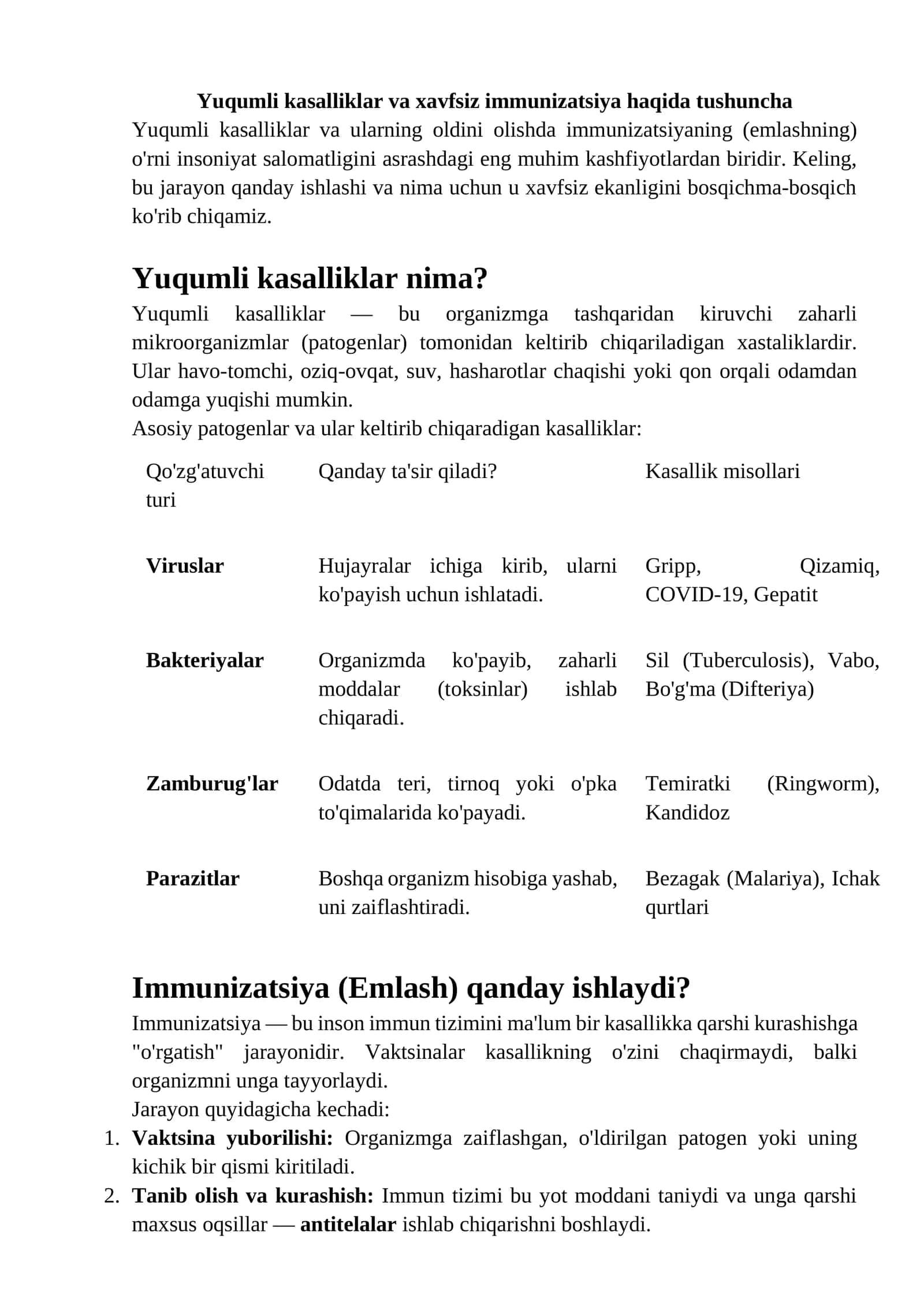 Yuqumli kasalliklar va xavfsiz immunizatsiya haqida tushuncha