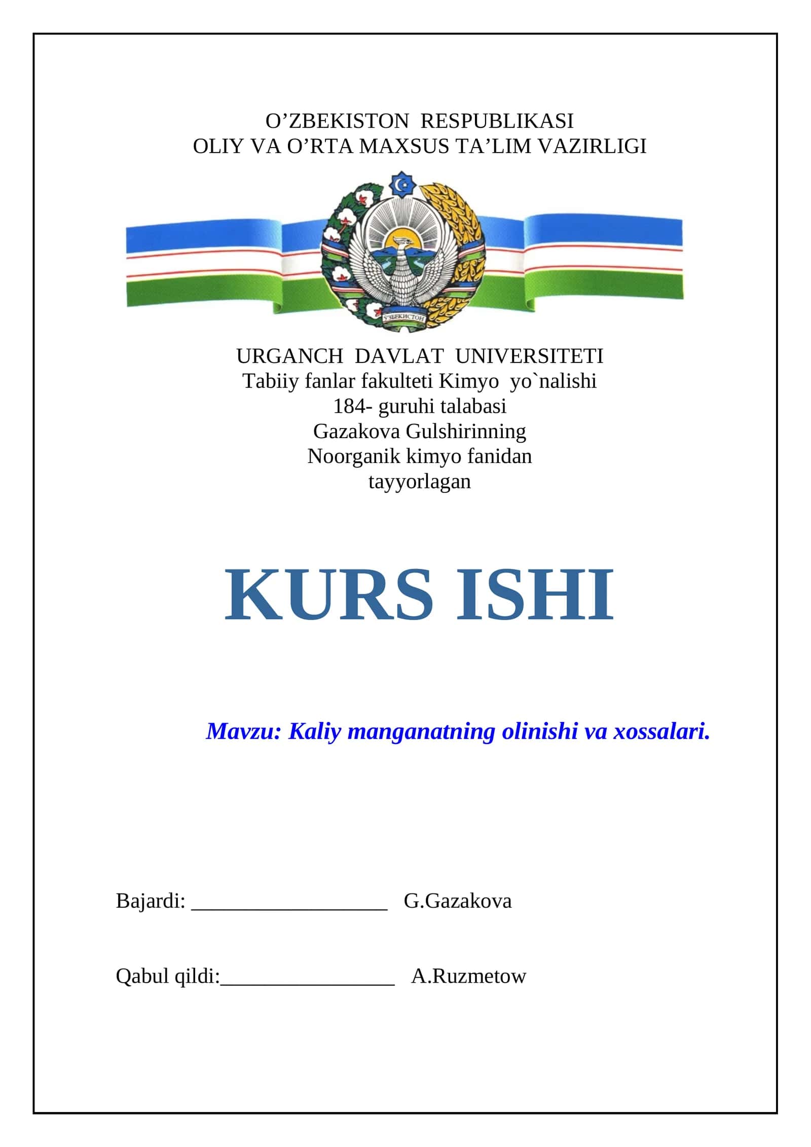 Kaliy manganatning olinishi va xossalari
