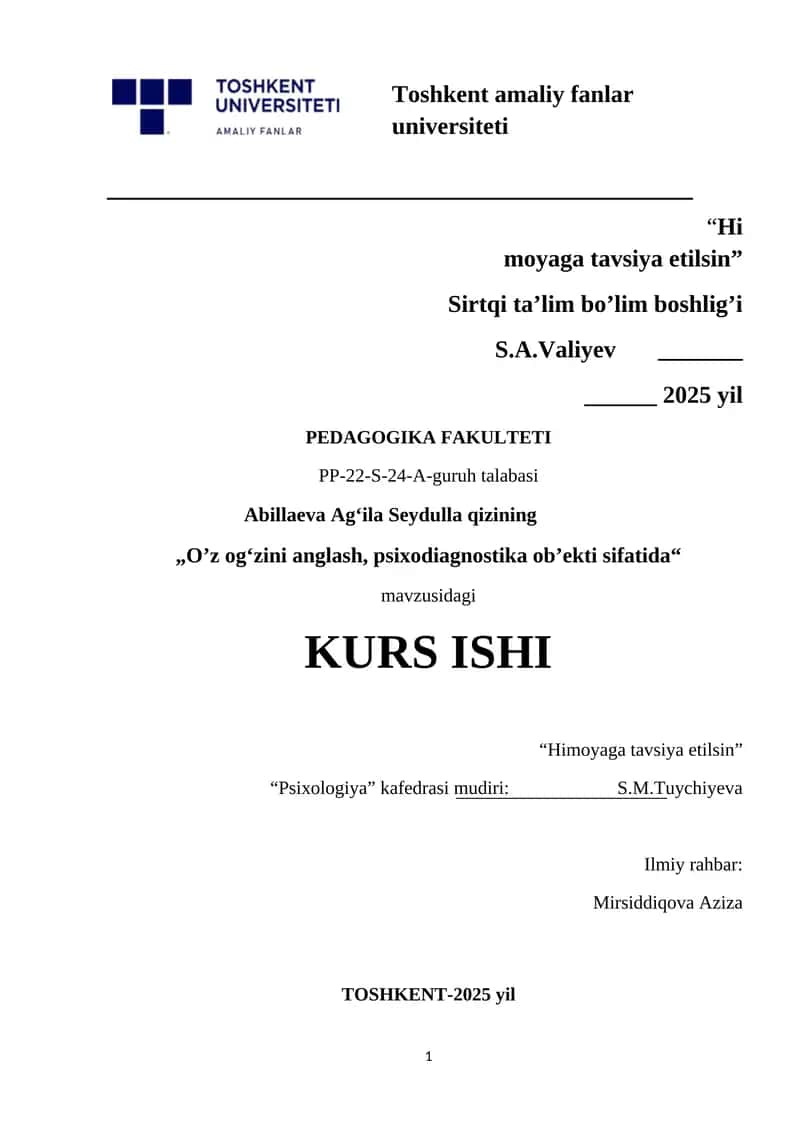 KURS ISHI "O‘z og‘zini anglash, psixodiagnostika ob‘ekti sifatida"