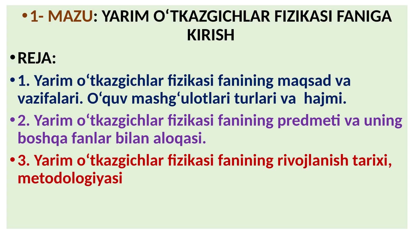 YARIM O‘TKAZGICHLAR FIZIKASI FANIGA KIRISH