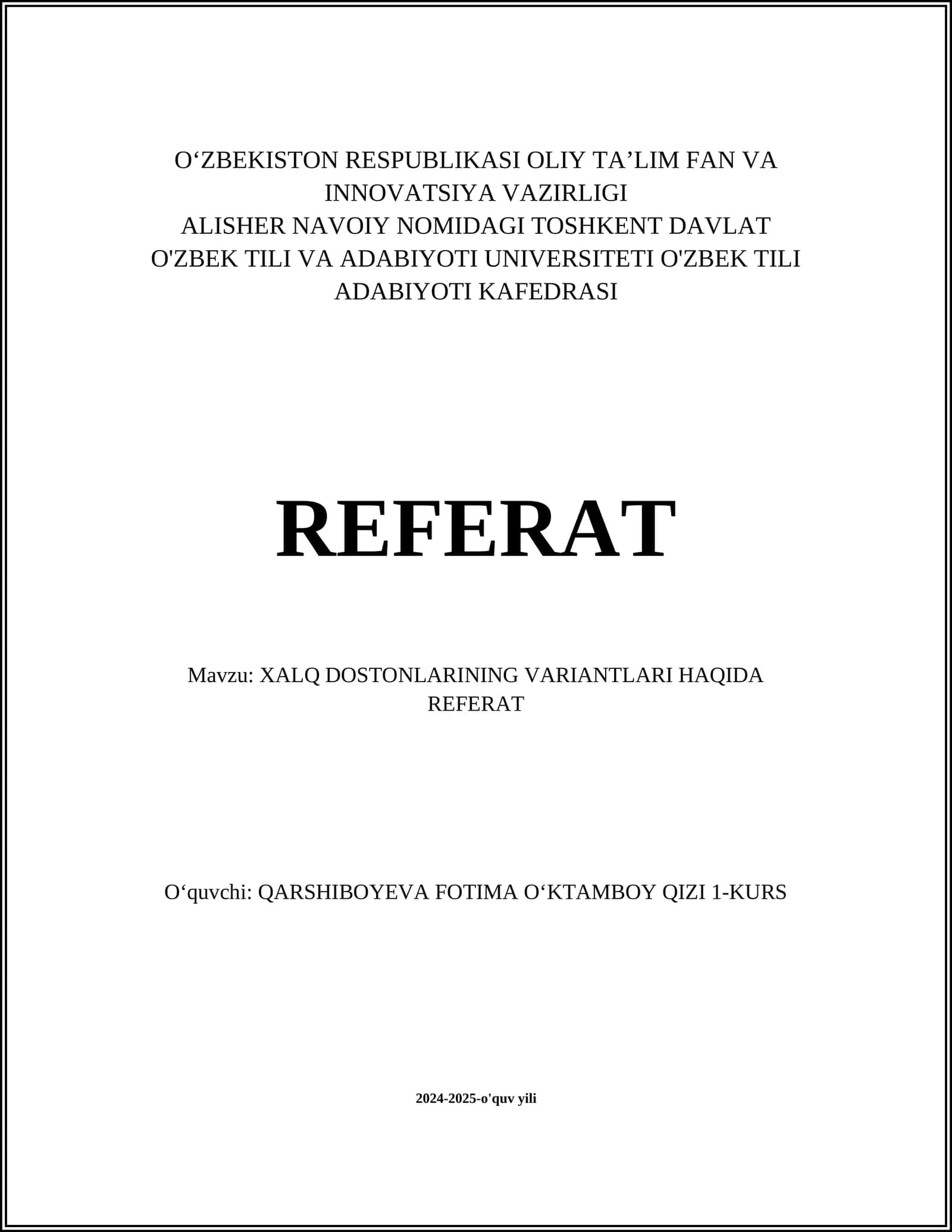 XALQ DOSTONLARINING VARIANTLARI HAQIDA REFERAT