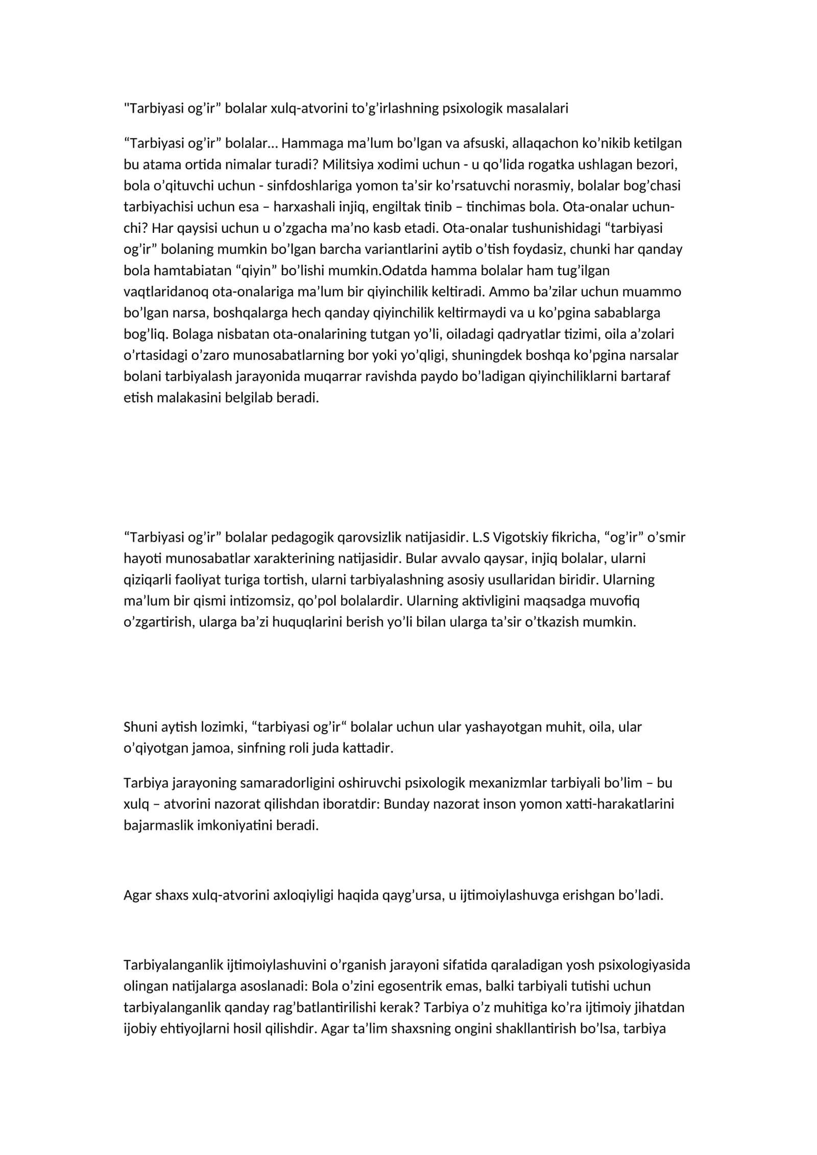 Tarbiyasi og’ir” bolalar xulq-atvorini to’g’irlashning psixologik masalalari