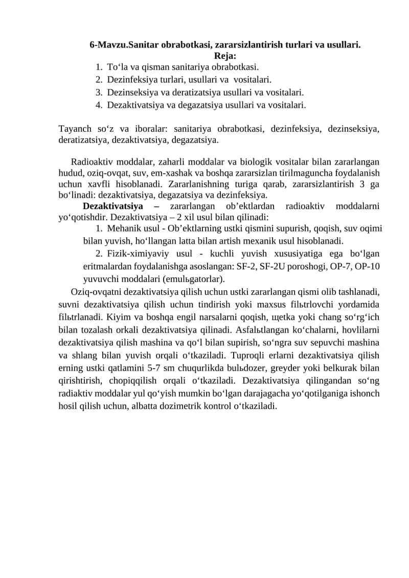 Sanitar obrabotkasi, zararsizlantirish turlari va usullari