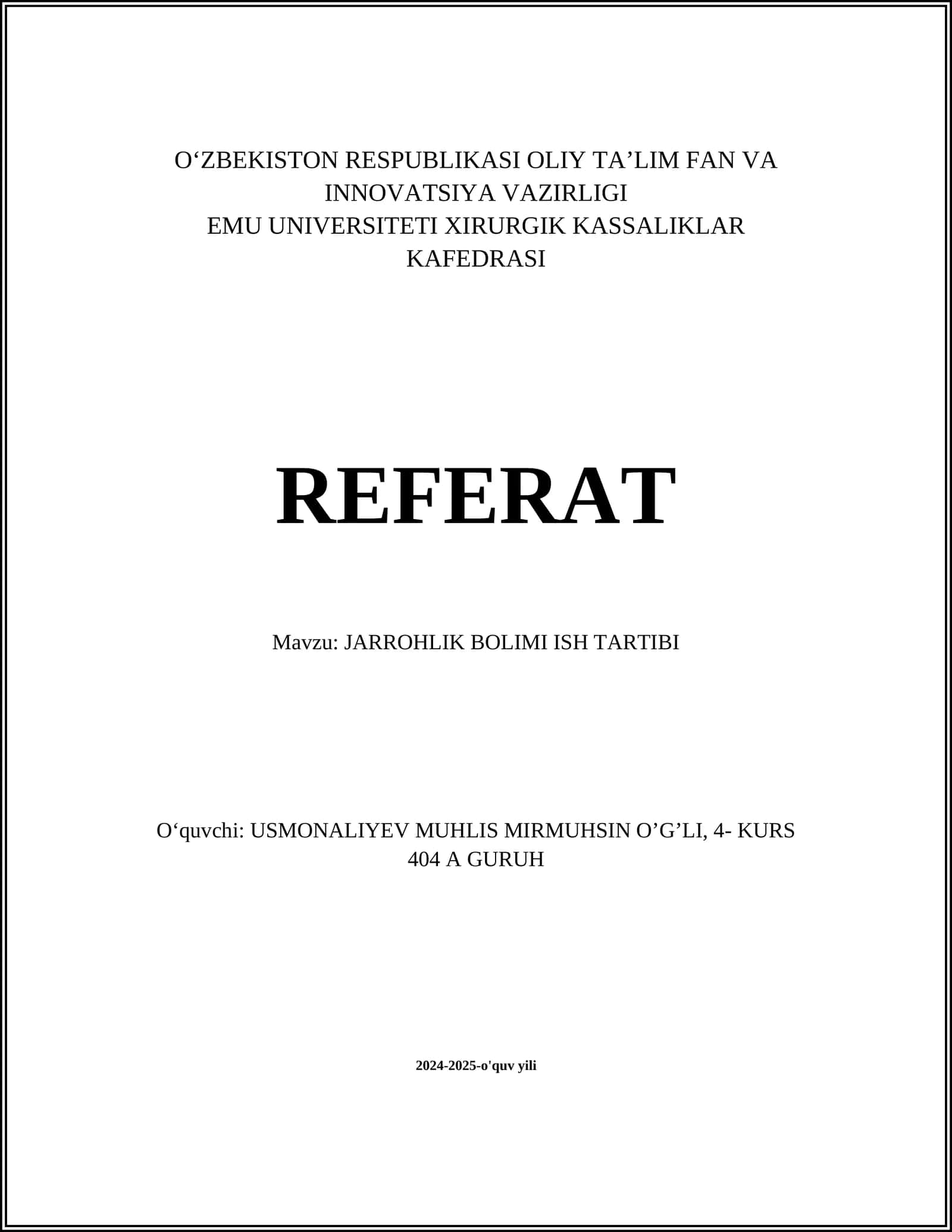 JARROHLIK BOLIMI ISH TARTIBI