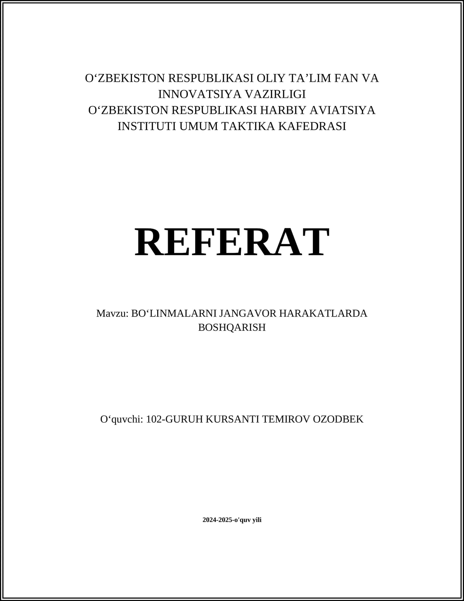 BOʻLINMALARNI JANGAVOR HARAKATLARDA BOSHQARISH