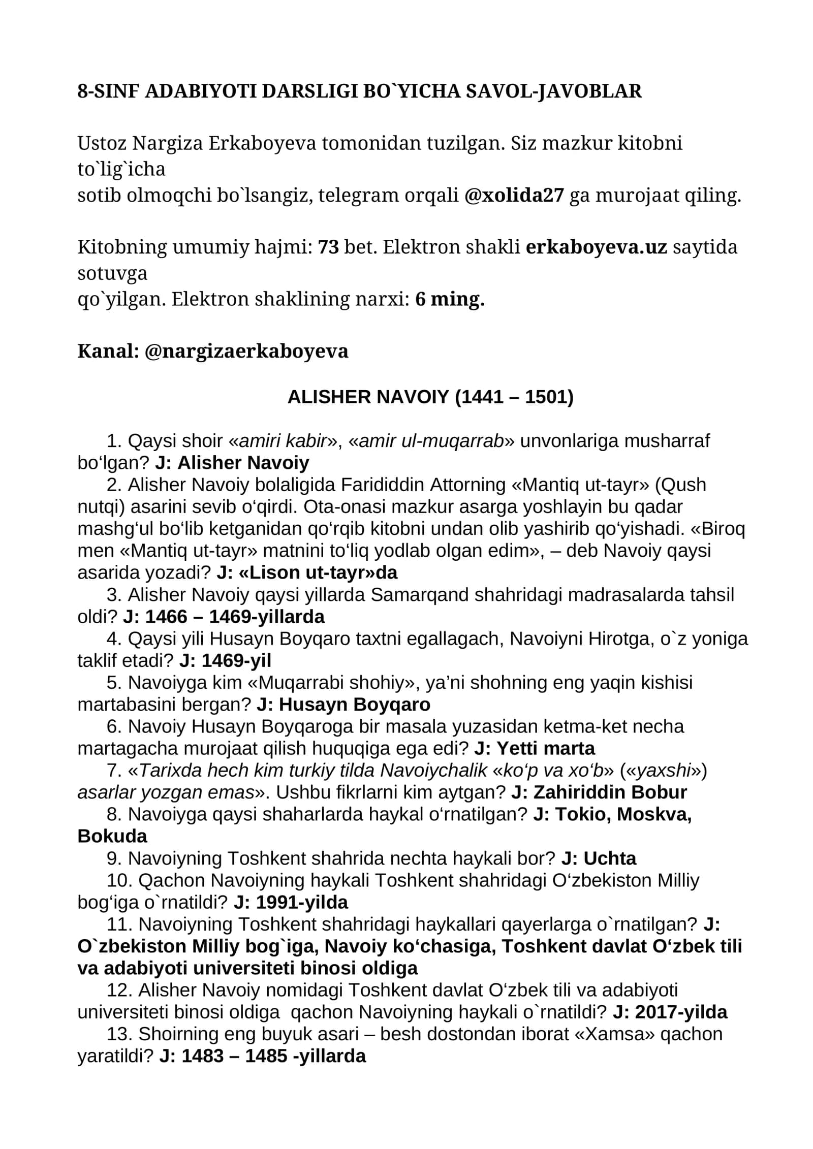 8-SINF ADABIYOTI DARSLIGI BO`YICHA SAVOL-JAVOBLAR