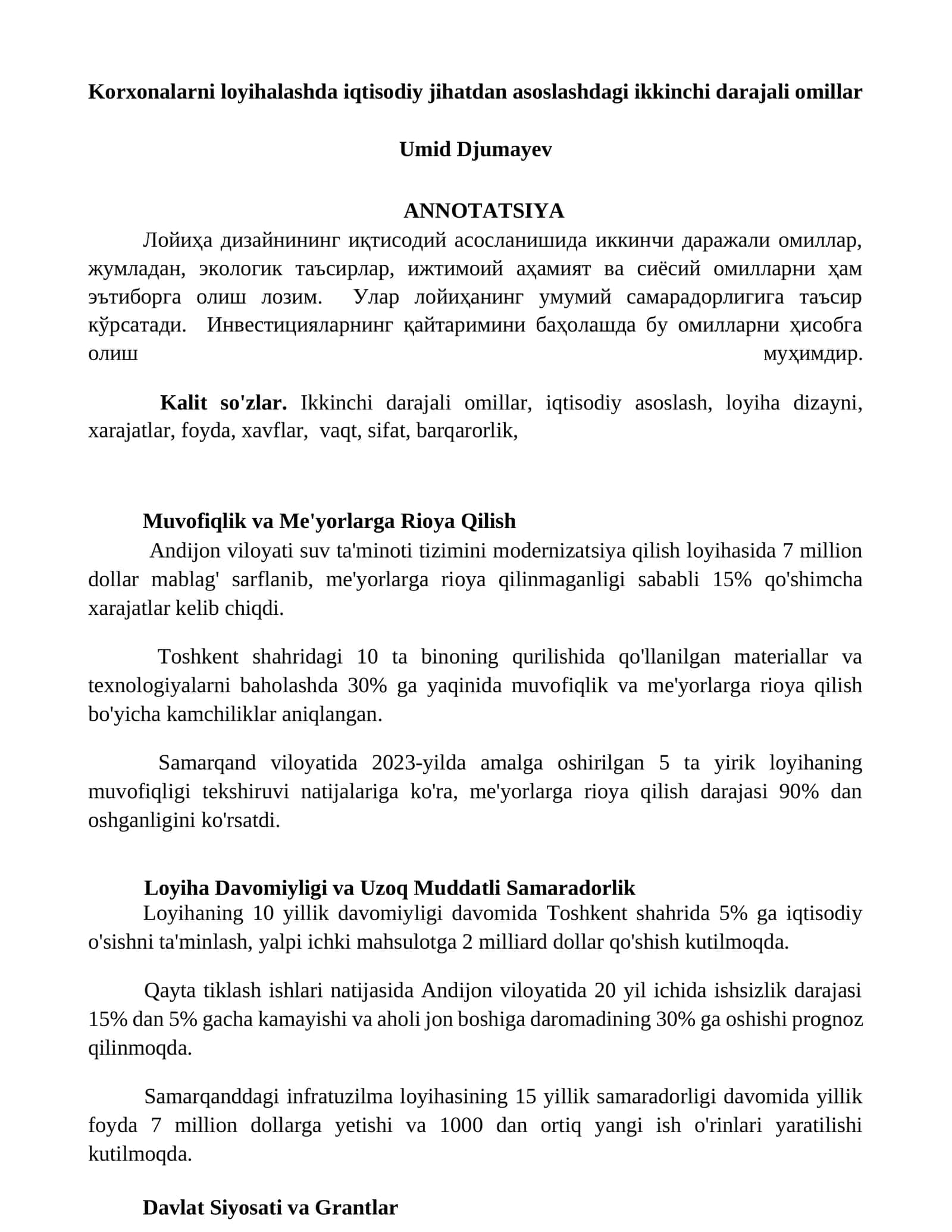 Korxonalarni loyihalashda iqtisodiy jihatdan asoslashdagi ikkinchi darajali omillar