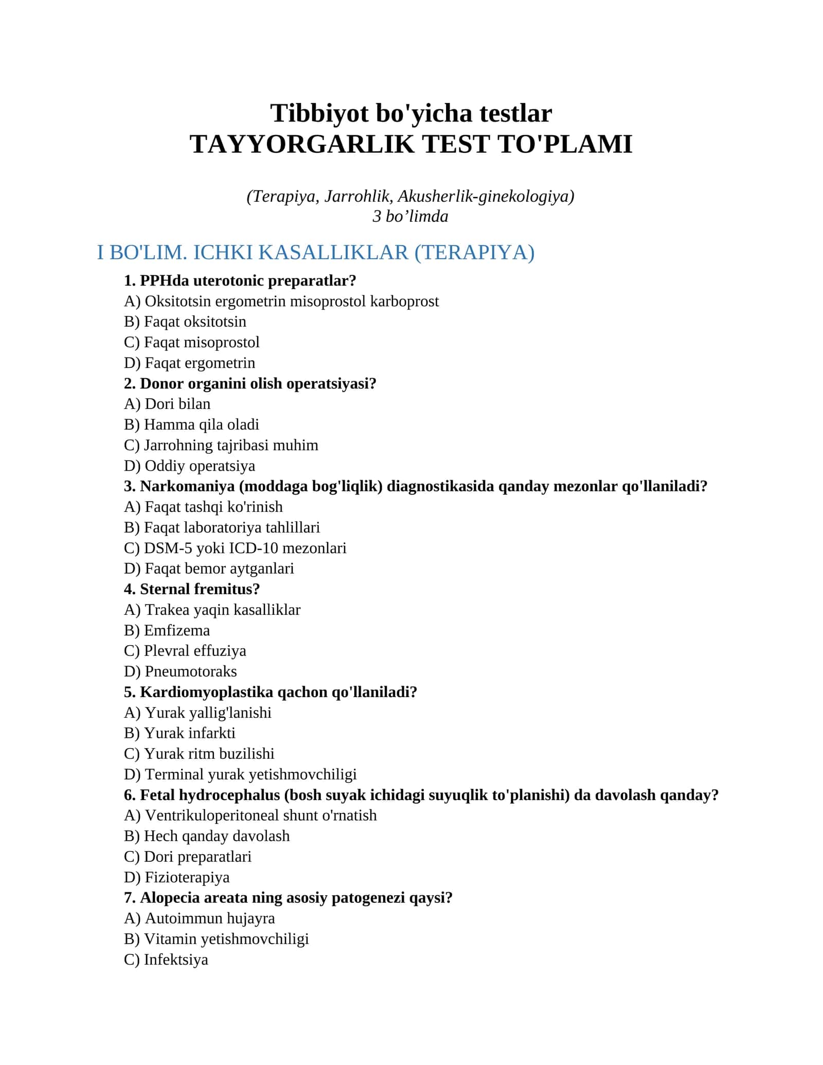 Tibbiyot bo'yicha testlar