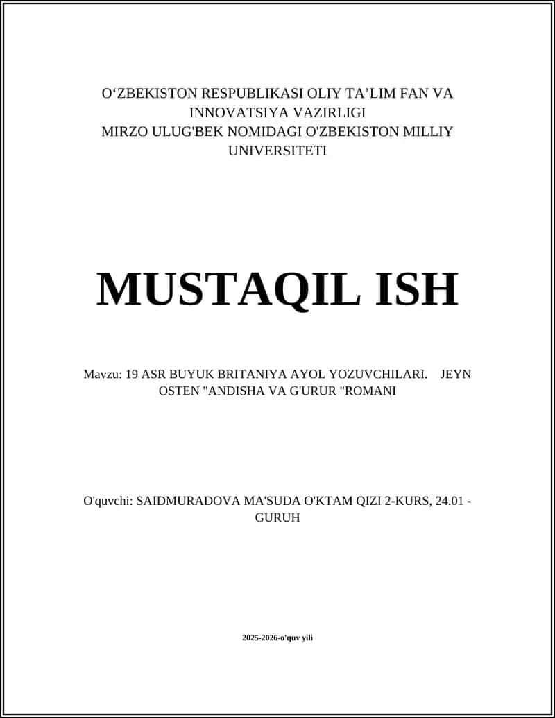 "ANDISHA VA G'URUR" ROMANI