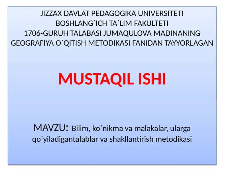 Geografiya O`qitish Metodikasi