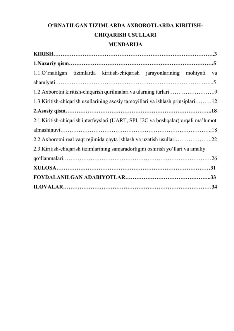 OʻRNATILGAN TIZIMLARDA AXBOROTLARDA KIRITISH-CHIQARISH USULLARI