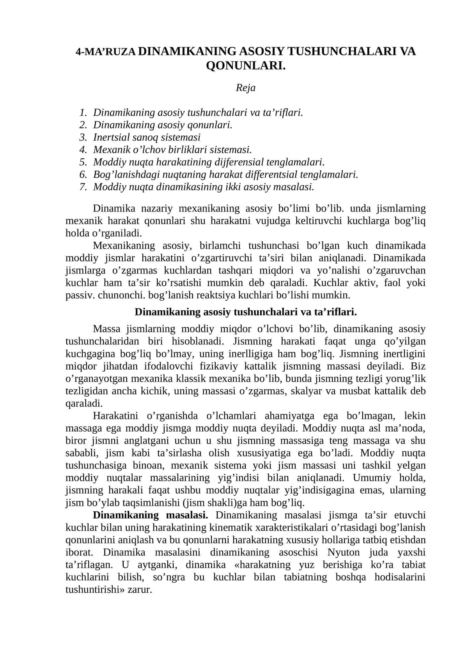 4-MA’RUZA DINAMIKANING ASOSIY TUSHUNCHALARI VA QONUNLARI