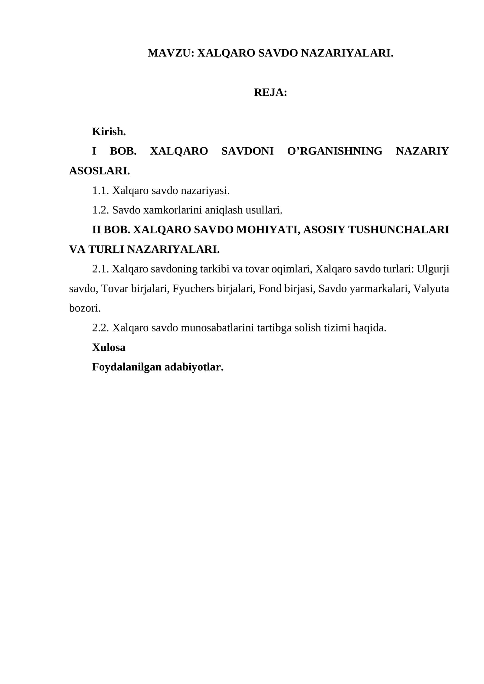 XALQARO SAVDO NAZARIYALARI